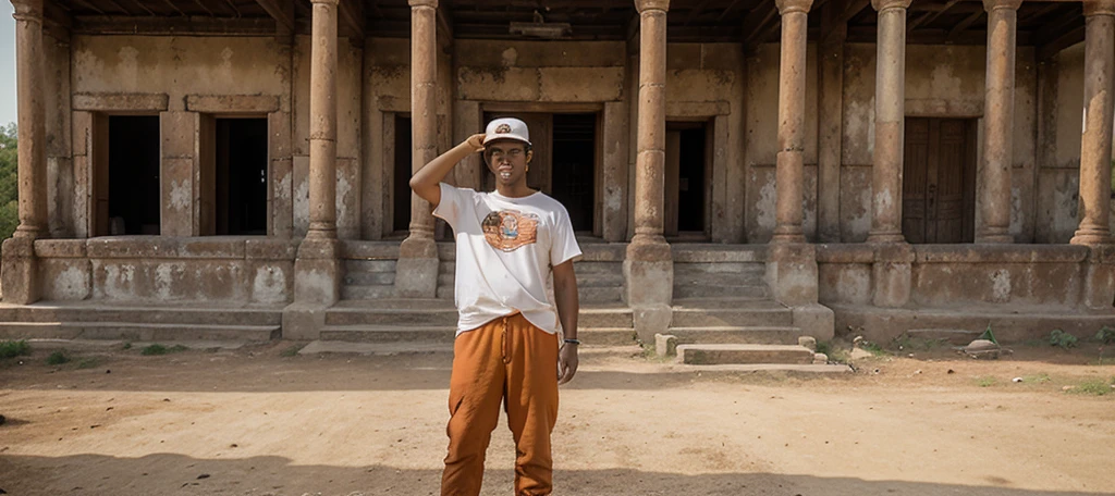 A man was standing on a dirt road. He wore a large white t-shirt. orange quarter pants and red basketball shoes along with wearing a cream-colored hat to protect from the sun He raised one hand to shield his face from the sun to look ahead. The background of the picture is ancient Thai architecture with carved patterns and the windows have iron bars. The structure looks old and has historical value. In the right corner of the photo there is a sign giving information about the location. There is also a metal fence and various barriers. near the entrance 
