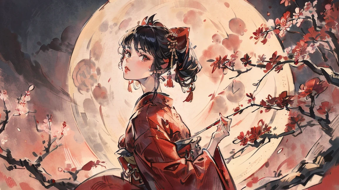 (((beautiful girl))), (((red cheek))),(((Pixie Cut))) ,(((shoot from below))),(((from side))),(((Gazing Skyward))),(((night))),(Lips are red:1.5), (((Cherry tree))),(((満開のCherry tree))),(((Watching the cherry blossoms))), (((Watching the cherry blossoms))),(((Watching the cherry blossoms))), (((Watching the cherry blossoms))), (((Watching the cherry blossoms))),(((Watching the cherry blossoms))),20-year-old, Watercolor, masterpiece, Highest quality, Very delicate and beautiful girl,Very delicate and beautiful, world masterpiece theater, Super detailed, Very detailedな, Highest quality,(((fancy red kimono)))。(((fancy red kimono)))。(((fancy red kimono)))。(((fancy red kimono)))。(((fancy red kimono)))。(((fancy red kimono)))。(((fancy red kimono)))。(((fancy red kimono)))。 (((Black Hair))), (((Black Hair))), (((Black Hair))), (((Upper Body))), (((Upper Body))), (((Upper Body))), (((Upper Body))), (((Upper Body))), (((Upper Body))), High resolution, Very detailed,5 girls, Highest quality, figure, masterpiece, Highest quality, Accuracy, A woman in her twenties from the late Edo period.。(((fancy red kimono)))。 。In the style of old Japanese paintings with low saturation、The women look like modern anime characters..、She has a bit of Kabuki makeup on..。Strong 2D feel。night。background, (((Huge full moon))),(((Huge full moon))),(((Huge full moon))),(((Huge full moon)))