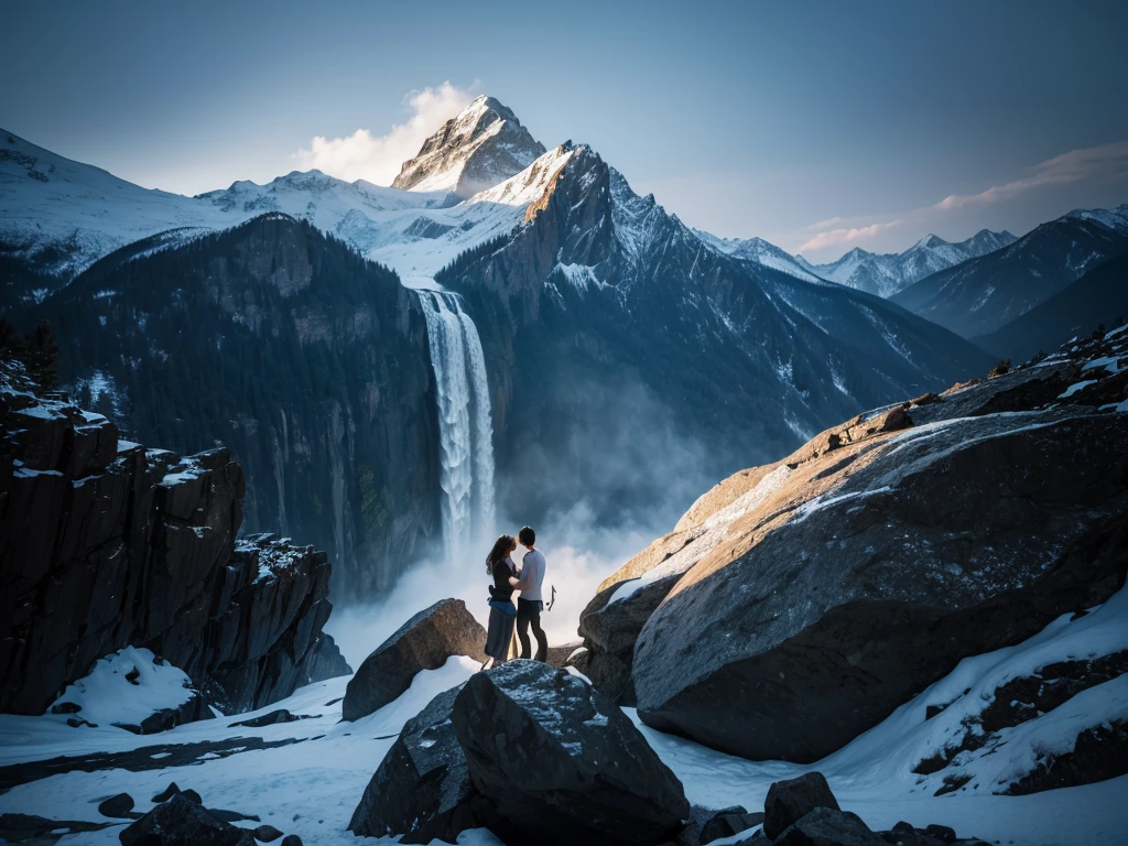 Draw a picture of two people climbing a mountain，play，A waterfall，Have a strong contrast between light and dark，Sense of space，Triangular composition，Art that creates visual images with certain spatial and aesthetic values