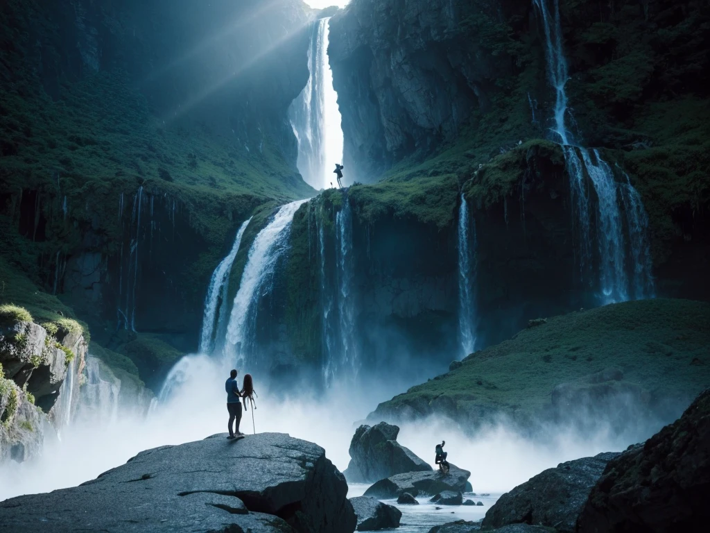 Draw a picture of two people climbing a mountain，play，A waterfall，Have a strong contrast between light and dark，Sense of space，Triangular composition，Art that creates visual images with certain spatial and aesthetic values