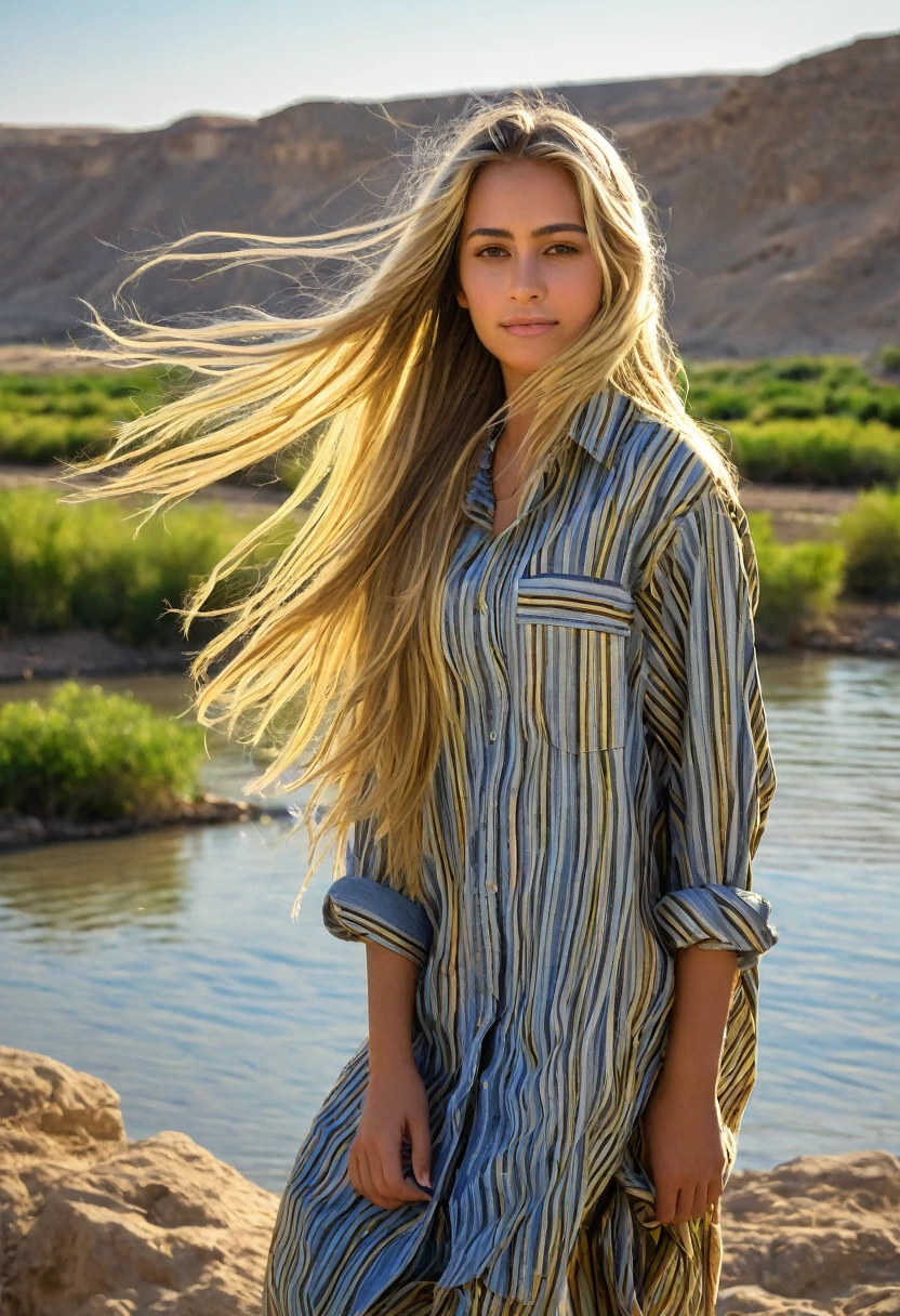"A robust, well-built girl with long blonde hair, from Puerto Rico, It is located near the Euphrates River. He wears a gold flannel with stripes that shines in the sunlight, highlighting its presence in the landscape. Her hair flows freely in the wind, and his expression reflects both strength and serenity. The surroundings of the Euphrates River, with its calm waters and lush vegetation, creates a beautiful contrast with your gold flannel. The girl stands on the river bank, with the ancient and majestic landscape of the Euphrates stretching around it, evoking a feeling of history and nature in perfect harmony."