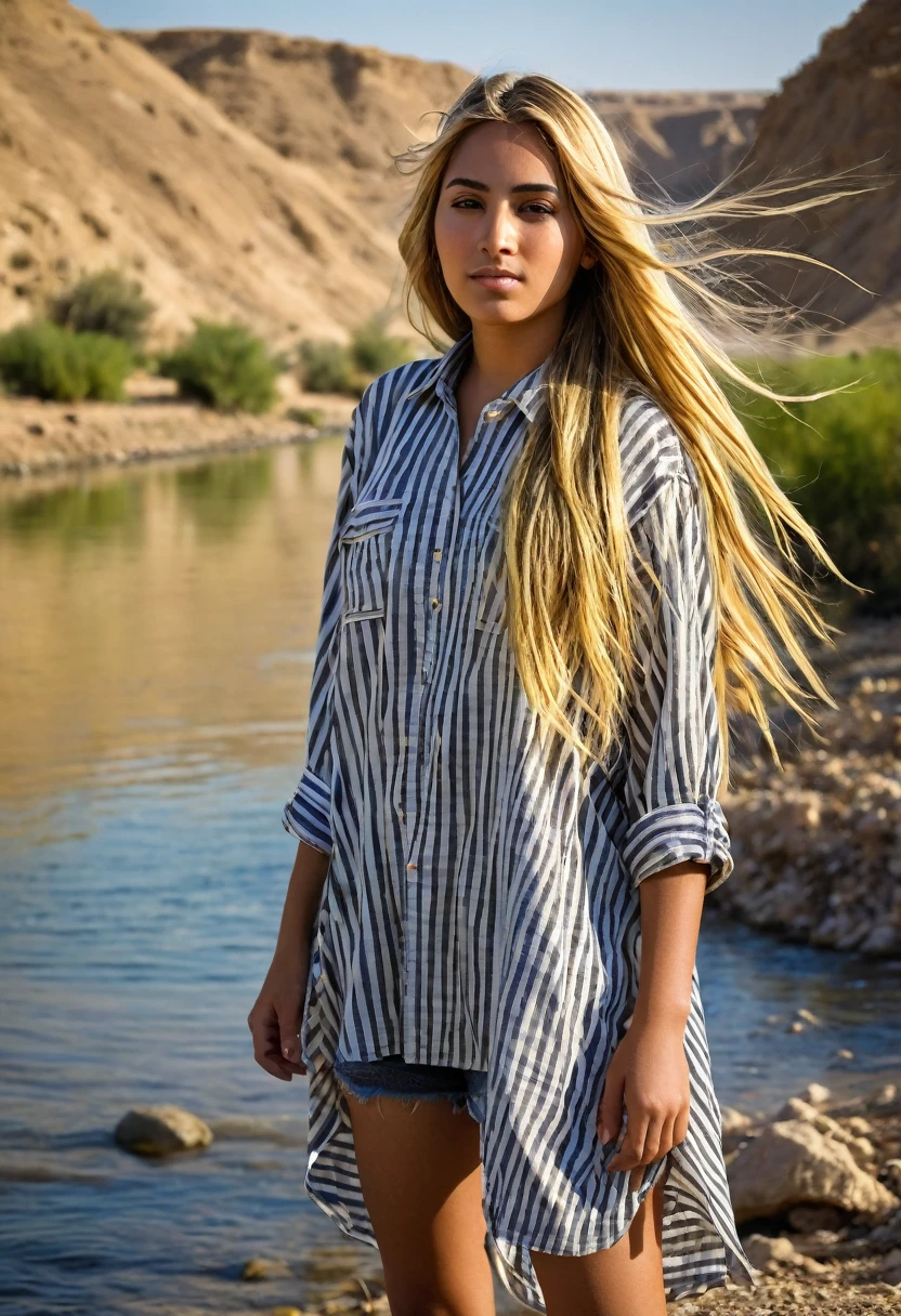 "A robust, well-built girl with long blonde hair, from Puerto Rico, It is located near the Euphrates River. He wears a gold flannel with stripes that shines in the sunlight, highlighting its presence in the landscape. Her hair flows freely in the wind, and his expression reflects both strength and serenity. The surroundings of the Euphrates River, with its calm waters and lush vegetation, creates a beautiful contrast with your gold flannel. The girl stands on the river bank, with the ancient and majestic landscape of the Euphrates stretching around it, evoking a feeling of history and nature in perfect harmony."