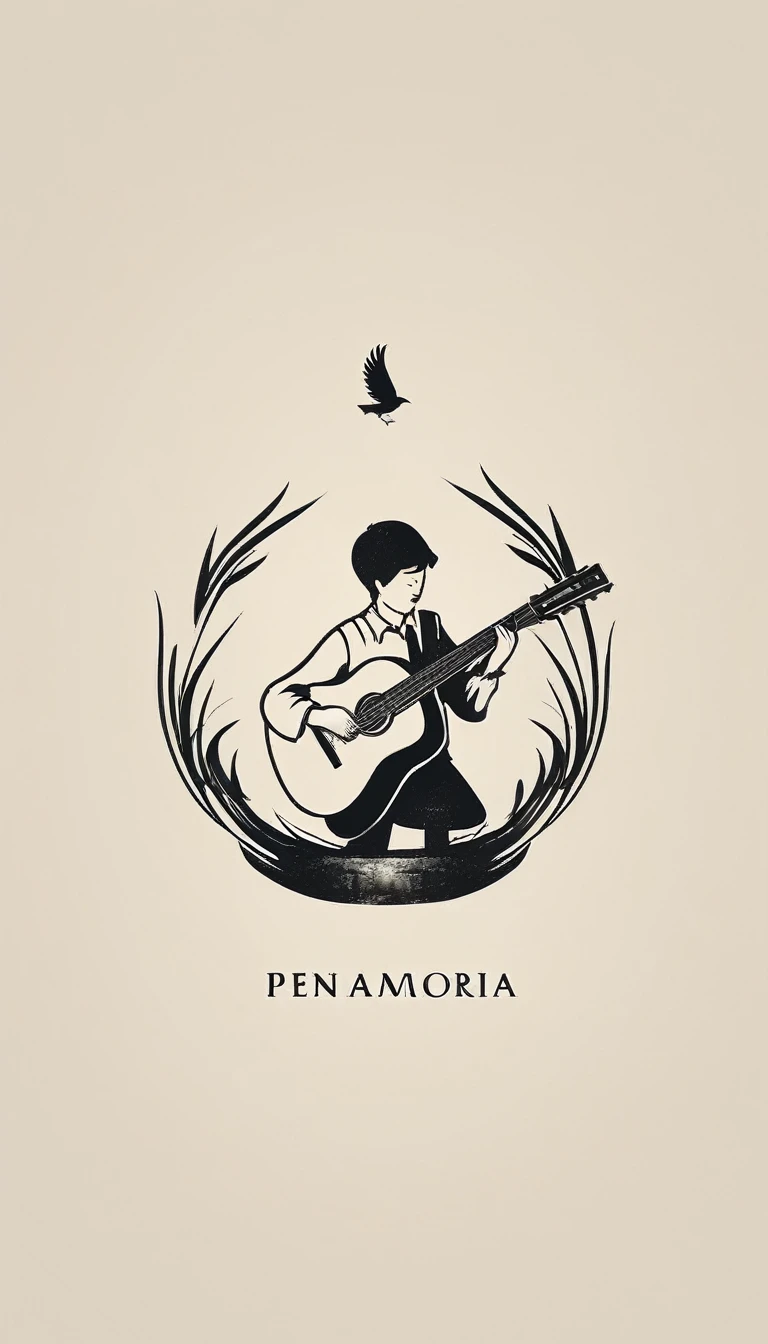 A minimal, modern, simple, cinematic logotype for the brand “Penamemoria". The logo design must be a simple, magical feather and a boy playing acoustic guitar. The logo must convey a sense of music, stories and dreams. Logo design impressed on a book cover. Minimalistic logo
