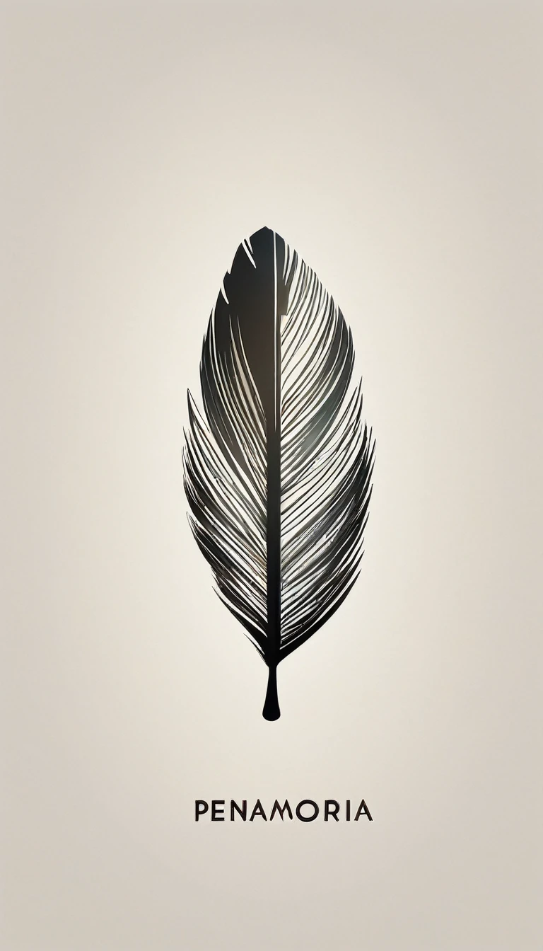 A minimal, modern, simple, cinematic logotype for the brand “Penamemoria". The logo design must be a simple, magical feather and a boy playing acoustic guitar. The logo must convey a sense of music, stories and dreams. Logo design impressed on a book cover. Minimalistic logo
