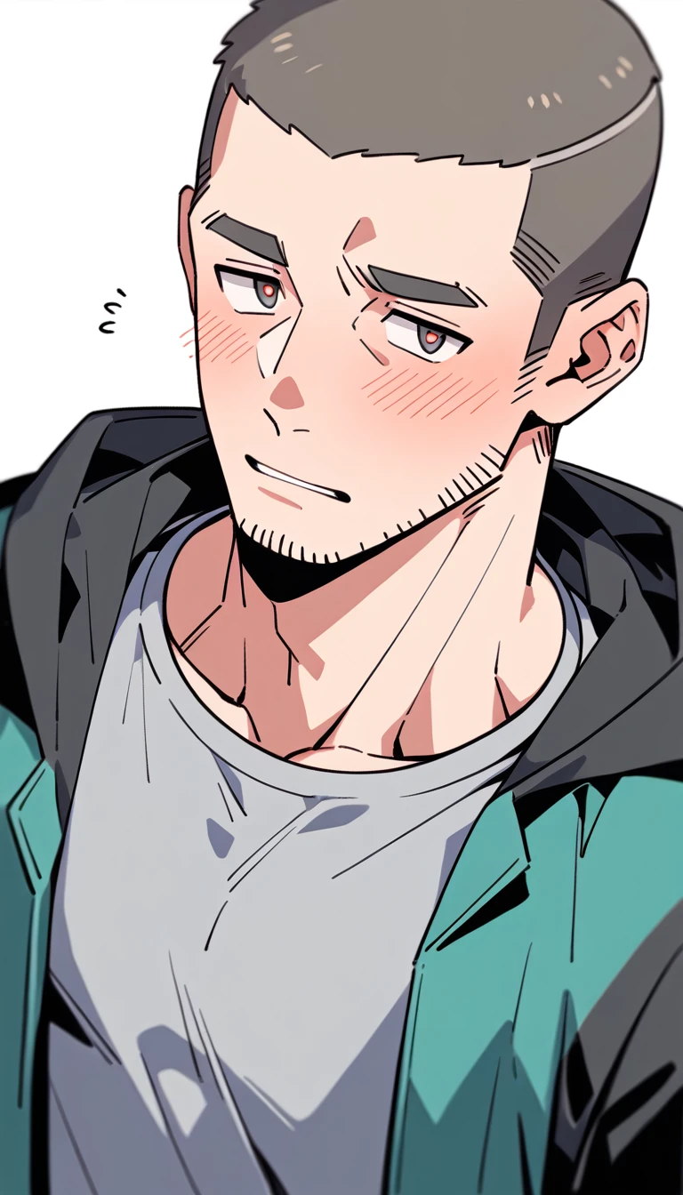 negative space, anime characters:Priapus, Muscle Sports Student, Buzz Cut, Manliness, male focus, Sports tight hooded sweatshirt, Very tight, full and perky chest muscles, muscular male, muscular, only, Upper body, alone, Red short hair, Thick eyebrows, stubble, Brown-red pupils, White background, simple background, amazing quality, best aesthetics, Ridiculous, crew cut, parted lips, flustered, endured face, shy, blush, negative space, best quality