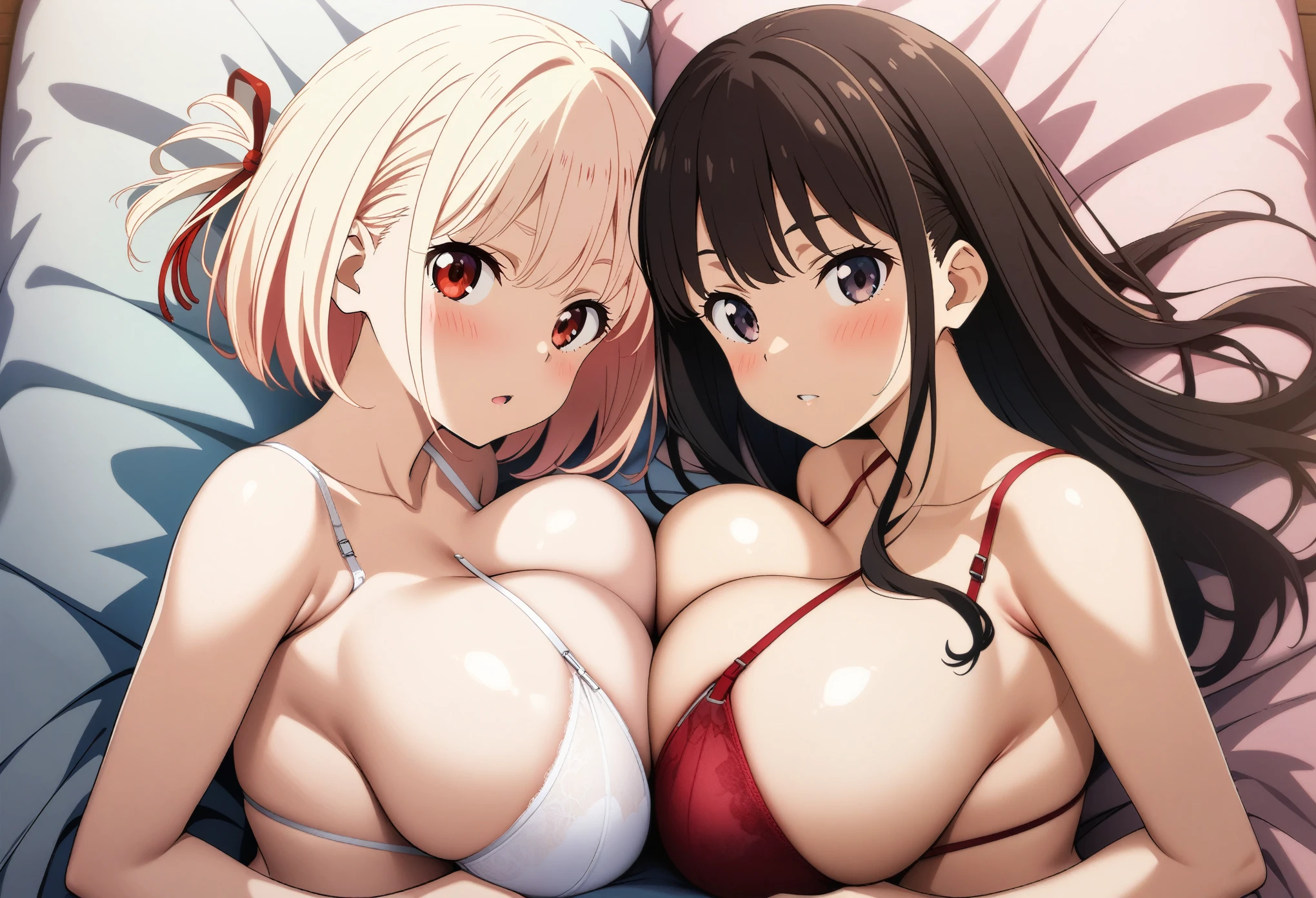 2girls, nishikigi chisato, inoue takina, lycoris recoil, couple, two women lined up, girls sandwich, (cooperative paizuri:1.3), nude, (red bra, red panties:1.3), (white bra, white panties:1.3), huge breasts, looking at viewer, shy, blush, bed, masterpiece, best quality, very aesthetic, absurdres, perfect anatomy, symmetry, official art, nsfw,