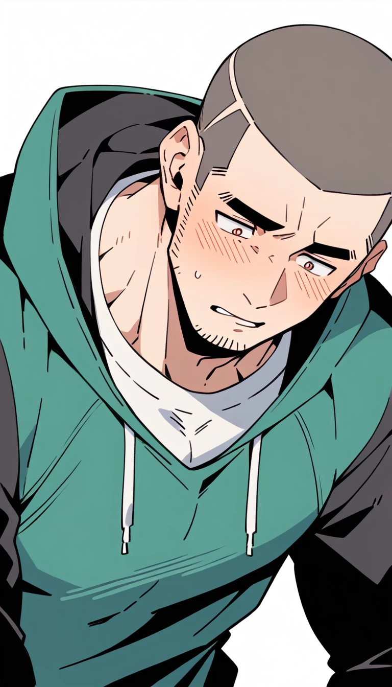 negative space, anime characters:Priapus, Muscle Sports Student, Buzz Cut, Manliness, male focus, Sports tight hooded sweatshirt, Very tight, full and perky chest muscles, muscular male, muscular, only, Upper body, alone, Red short hair, Thick eyebrows, stubble, Brown-red pupils, White background, simple background, amazing quality, best aesthetics, Ridiculous, crew cut, parted lips, flustered, endured face, shy, blush, negative space, best quality