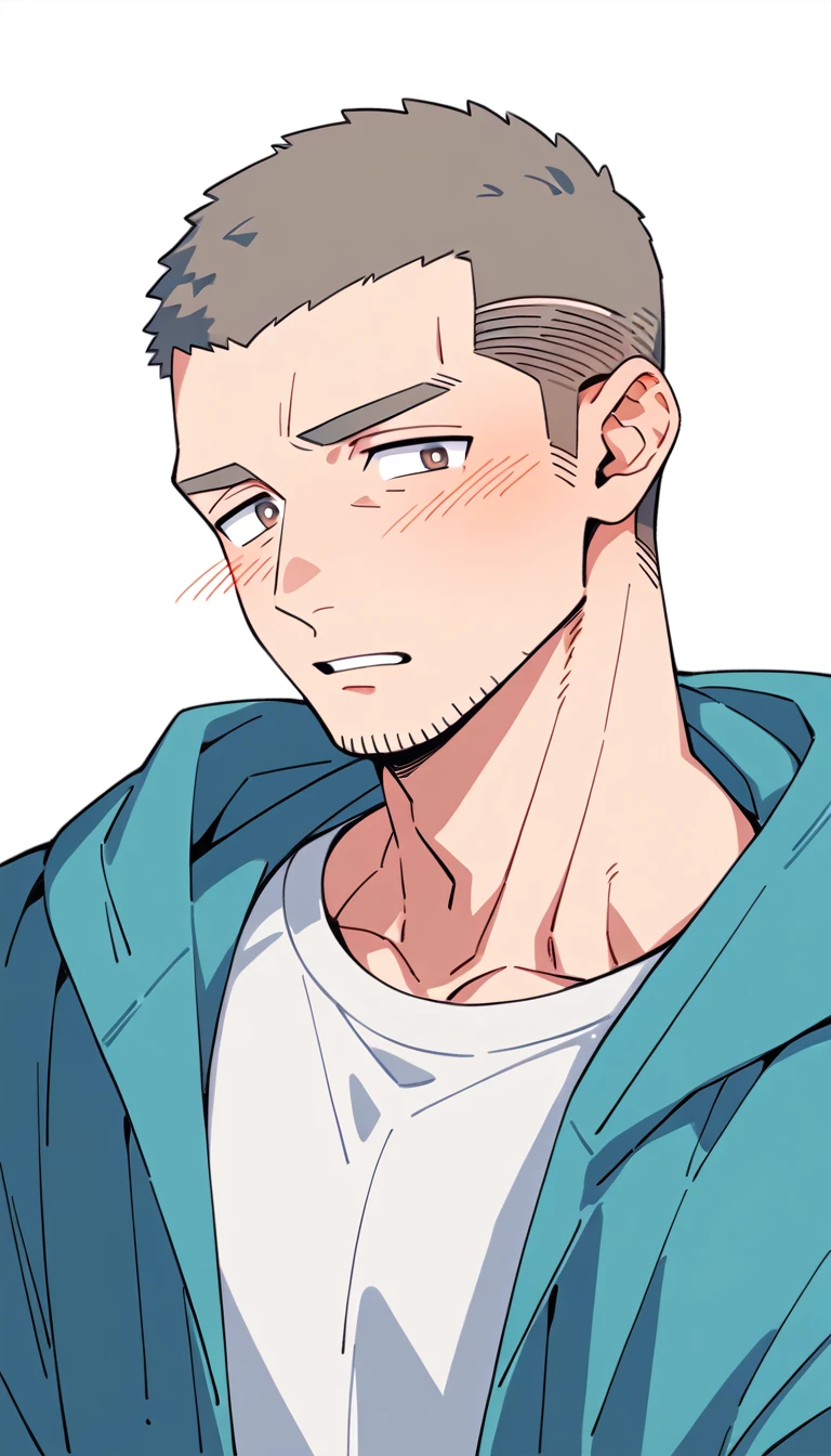 negative space, anime characters:Priapus, Muscle Sports Student, Buzz Cut, Manliness, male focus, Sports tight hooded sweatshirt, Very tight, full and perky chest muscles, muscular male, muscular, only, Upper body, alone, Red short hair, Thick eyebrows, stubble, Brown-red pupils, White background, simple background, amazing quality, best aesthetics, Ridiculous, crew cut, parted lips, flustered, endured face, shy, blush, negative space, best quality
