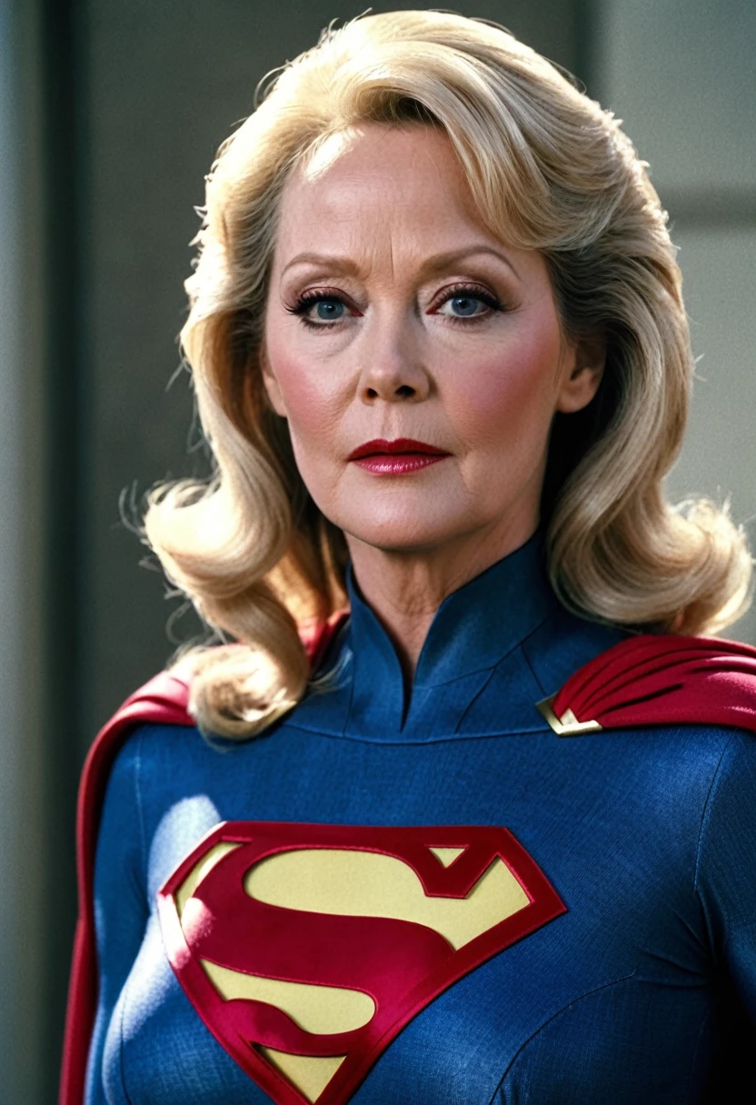  real strong Jean Smart 2024 in Supergirl1984s costume; HD. Photograph, ((realism)), extremely high quality RAW photograph, ultra detailed photograph, sharp focus, high resolution, (detailed skin:1,3),high quality, film grain, Fujifilm XT3,Highly Detailed, movie, (Cinematic Photo:1.3) of (Realistic:1.3)