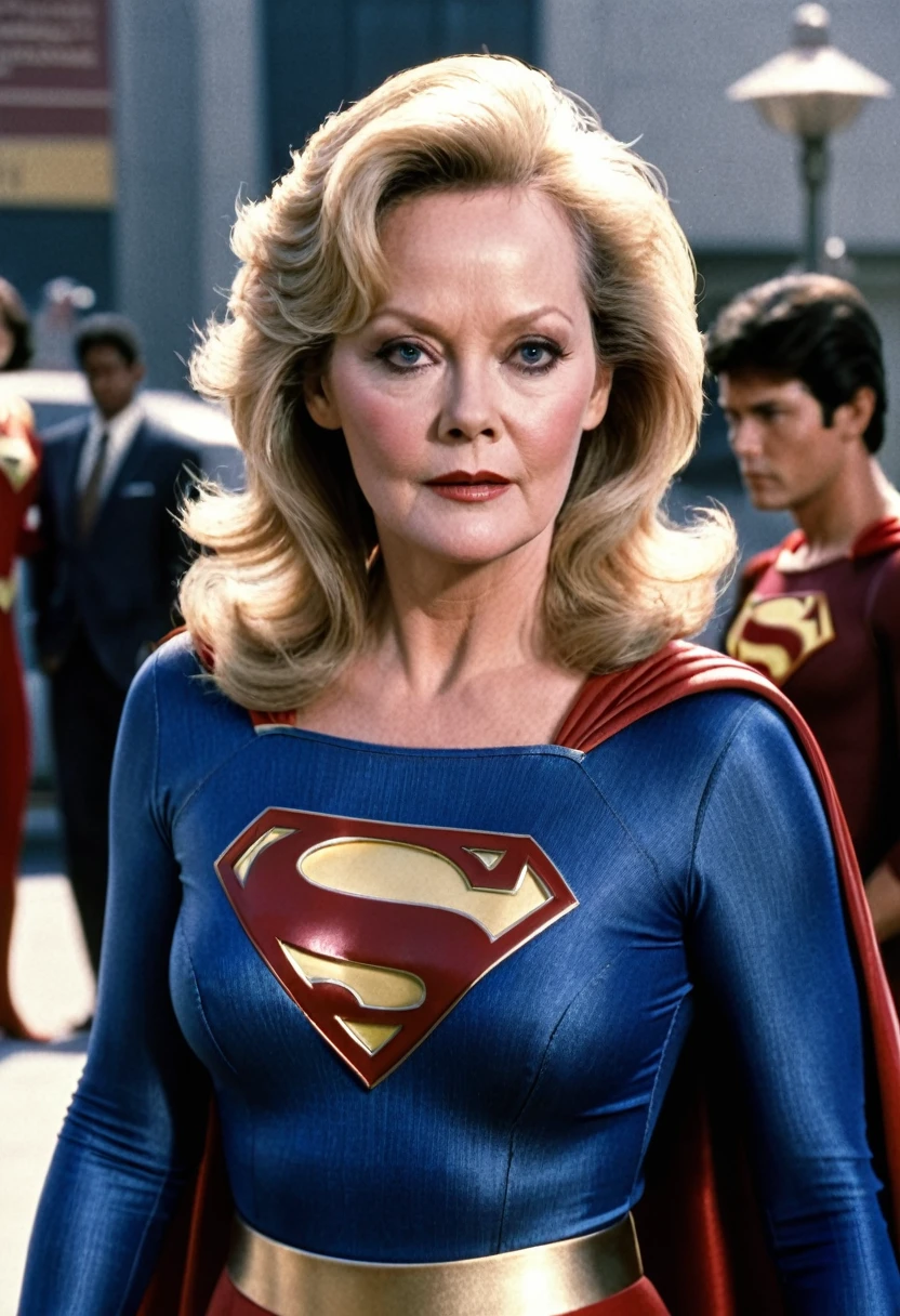  real strong Jean Smart 2024 in Supergirl1984s costume; HD. Photograph, ((realism)), extremely high quality RAW photograph, ultra detailed photograph, sharp focus, high resolution, (detailed skin:1,3),high quality, film grain, Fujifilm XT3,Highly Detailed, movie, (Cinematic Photo:1.3) of (Realistic:1.3)