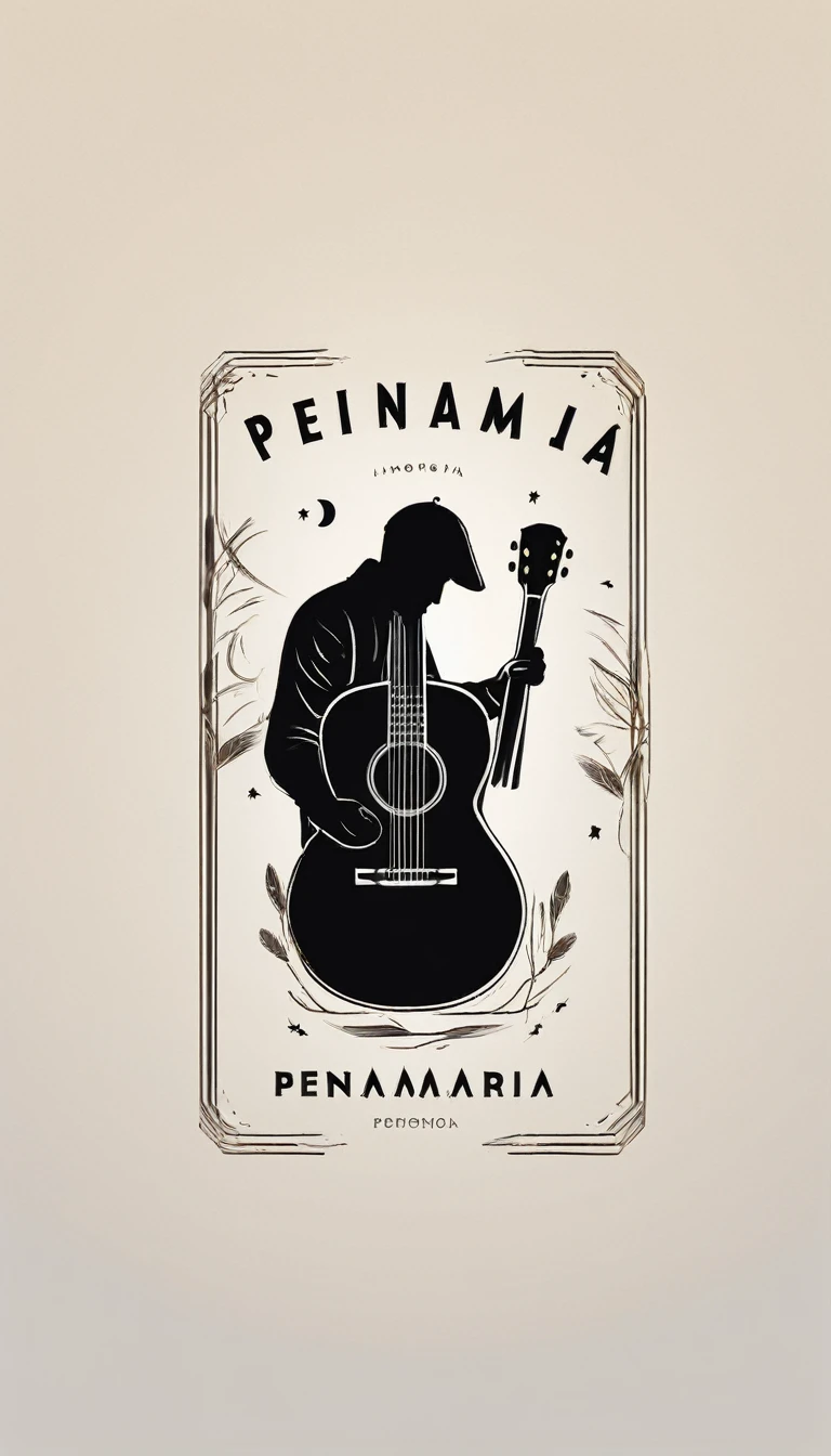 A minimal, modern, simple, cinematic logotype for the brand “Penamemoria". The logotype must be a simple, magical feather and a boy playing acoustic guitar. The logo must convey a sense of music, stories and dreams. Logo design impressed on a book cover. Minimalistic logo