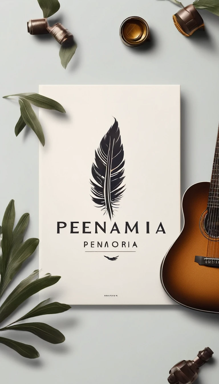 A minimal, modern, simple, cinematic logotype for the brand “Penamemoria". The logotype must be a simple, magical feather and a boy playing acoustic guitar. The logo must convey a sense of music, stories and dreams. Logo design impressed on a book cover. Minimalistic logo