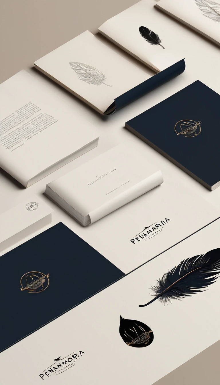 A minimal, modern, simple, cinematic logotype for the brand “Penamemoria". The logotype must be a simple, magical feather and a boy playing acoustic guitar. The logo must convey a sense of music, stories and dreams. Logo design impressed on a book cover. Minimalistic logo