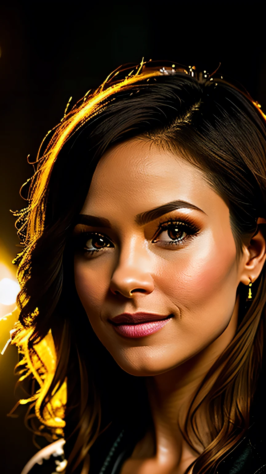 Studio Lighting,(Portraiture),(Vibrant colors),(Warm tones),(Soft moody lighting),(Sharp focus), stunning face, confident and provocative smile,Mysterious atmosphere,Dark and rough cave background, Big Tits, Ornate Assassin's Gear,Fierce and powerful stance,Shining Jewelry,Dramatic lighting to accentuate facial features,Subtle makeup,Faint signs of smoke or fog,Nighttime Settings,Faint moonlight shining in the background illuminates the scene.、masterpiece, 最high quality, high quality, High resolution, Blue and yellow clothes、((Pause_random))、((Upper body portrait))), Upper body portrait, Dark cave background,black garter set、