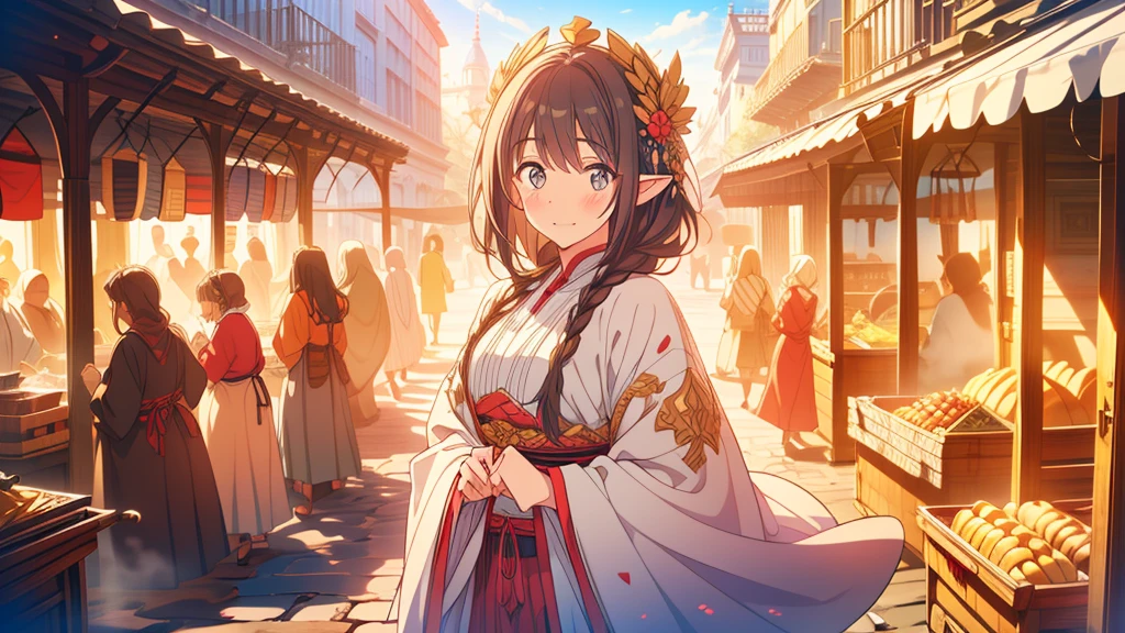 masterpiece, best quality, high resolution, extremely detailed CG, absurdres, highres, fantasy art, Morning mist clings to cobblestone streets as vendors in vibrant attire hawk exotic wares amidst ancient architecture. Towering spires and ornate facades mingle with humble market stalls, while a diverse array of faces - humans, elves, dwarves, and more - hurry about with baskets, bundles, and curious gazes. The air is alive with the cacophony of merchants' calls, hammering on metal, and the sweet scent of fresh bread wafts through the chaotic scene