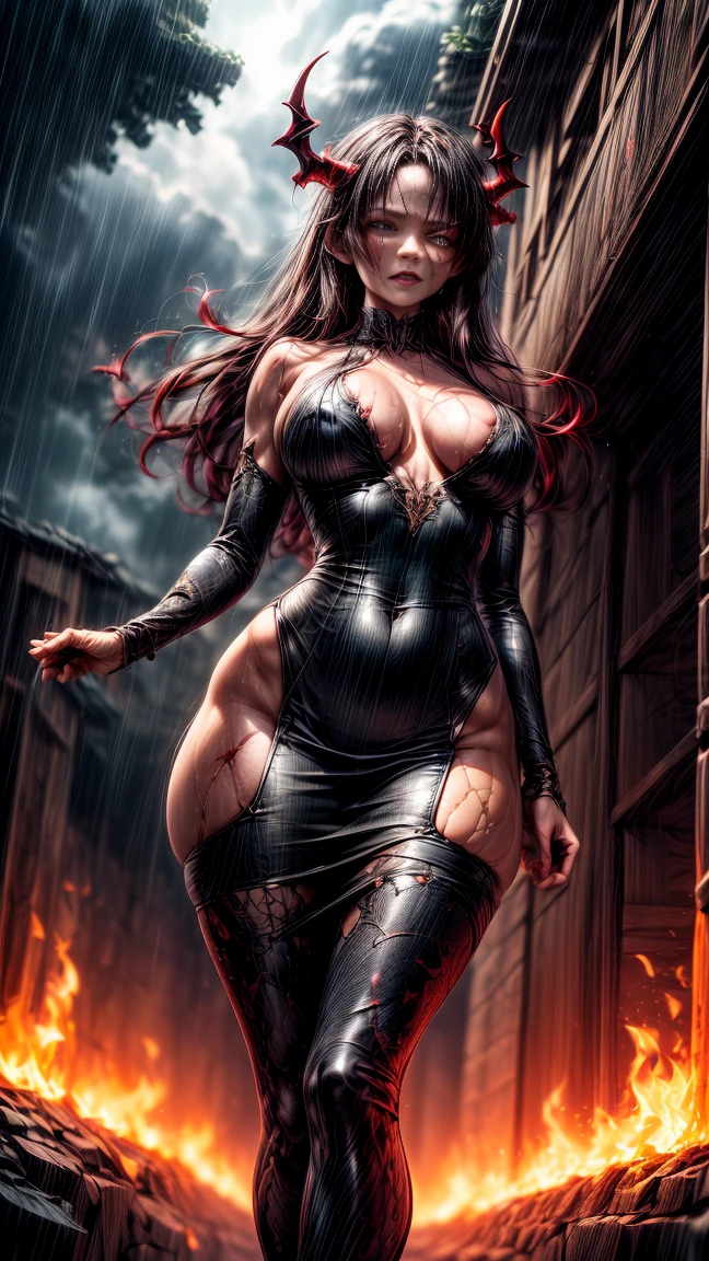 Cinematic effects, raining blood, from below, masterpiece, highest quality, dragonlady queen, perfect demoness, long legs, hourglass figure, curvy hips, perfect eyes, detailed eyes (1.4), slashed up body, cuts and deep wound on body, scars on face, villainous expression, flaming skin body with bioluminescent glowing pattern, ready for battle, blurred stormy background, dark atmosphere, lighting in background,full body, good hands, best hands