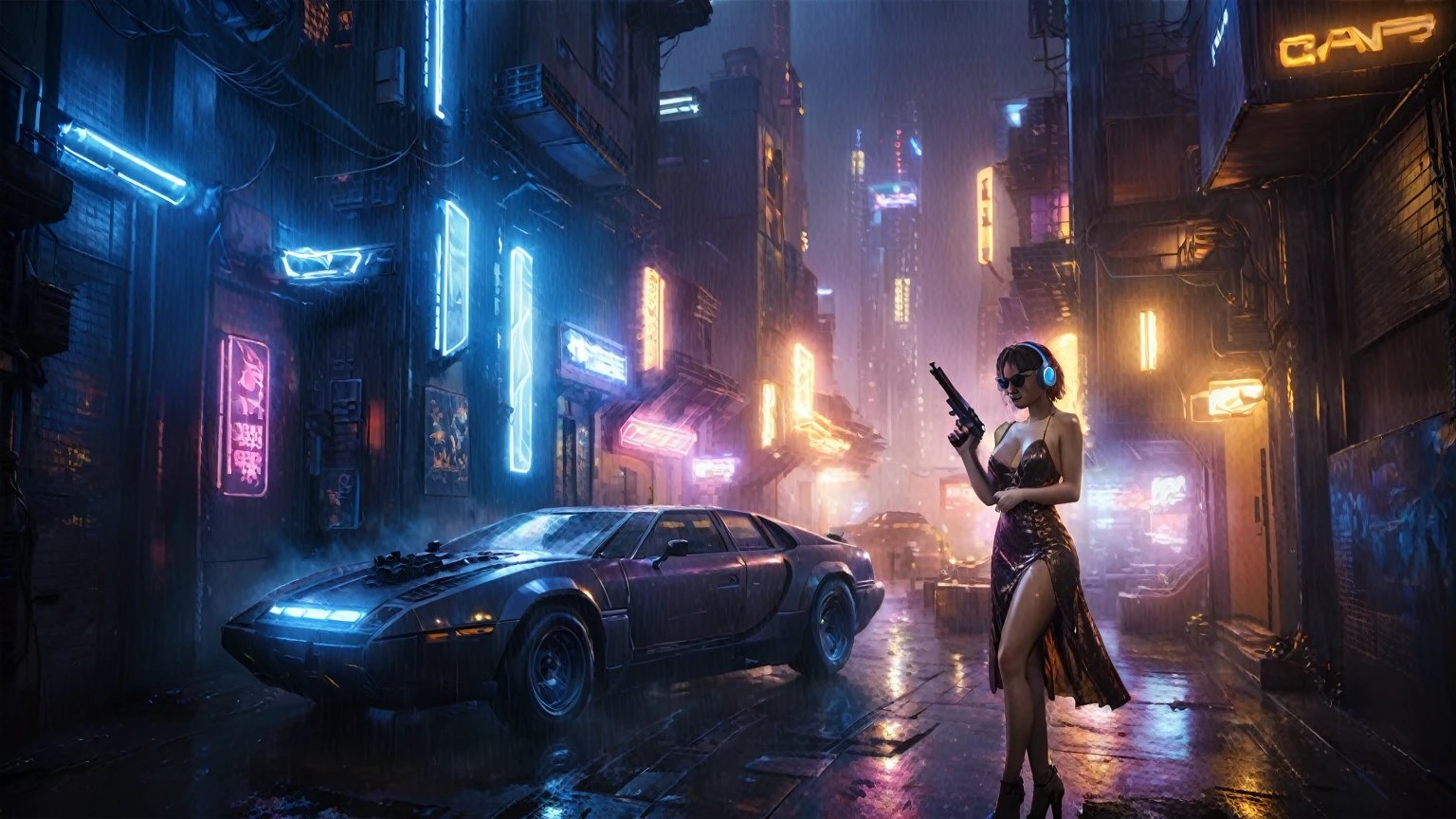 (((aerial view))), (flying cars docking platform), Blade Runner style futuristic city alley, neon lights, rainy night. (1girl, solo, alone), large-breast:1.2 slim body, cleavage:1.1, sexy wind blowing wet dress:1.4, headphone, (black sunglasses), (((she raised a pistol:1.8 and shot:1.8 the viewer))), dynamic pose, (((half-body thigh level medium shot))), cinematic lighting, lens flare, ray tracing, zoom-in blurred:1.4 background.