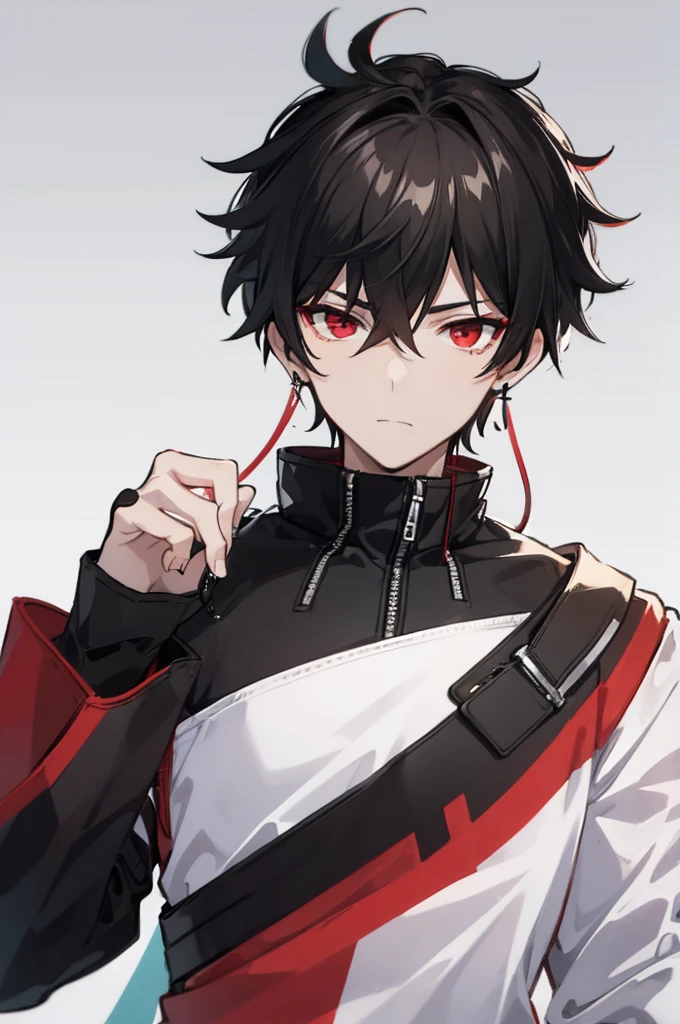 portrait, male, beauty, sunken black hair, keen red eyes, Black hoodie, white coat, relaxed, Male character, wireless earphones