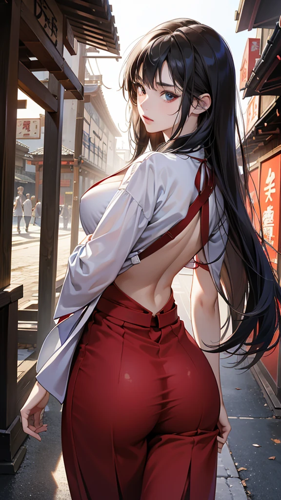 (perfect anatomy:1.2)(absurdres, highres, ultra detailed),masterpiece,best quality,high resolution,8k,Realistic face,Realistic skin texture,magnified textures, stunning clarity,detailed anime girl,(ultra detailed eyes and face),,black long hair,pale skin,Japanese shrine maiden, mysterious eyes,shrine maiden clothes,(white kimono),(The red long hakama,cleavage cutout),Buttock skin,thin body type,big breasts,(small ass),(beautiful ass)(expressionless:1.1),Steampunk in the Edo Period、(Vivid hieroglyph signs and street advertisements:1.2)、silence、autumn、hieroglyph,souk、Ancient Egyptian statues、Shopping Street,,look at viewer,(from behind:1.6),Delicate atmosphere、(standing upright),cowboy shot,arms down,from back,Delicate atmosphere,Lifeless,cowboy shot、Looking straight at the viewer