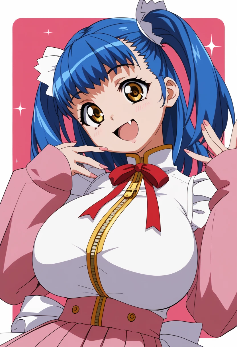 (Tuile(gravion),huge breasts,blue hair,yerrow eyes,twintail,two side up),(white shirt,white frill,red ribbon,red waist ribbon,gold zipper,gold bottun,pink mini skirt,Pink sleeves,Pink Shoes、White socks),smile,open mouth,fang