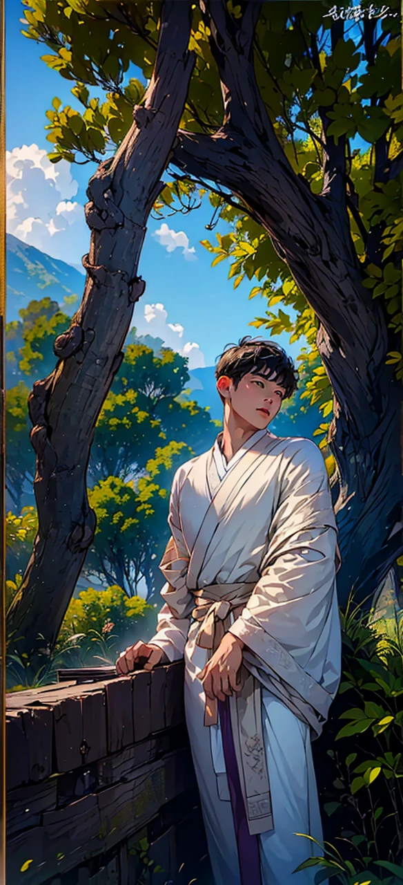 (in 8K、top-quality、​masterpiece:1.2)、1 boy、short-haired、Hair short、Brown-skinned、Purple View、