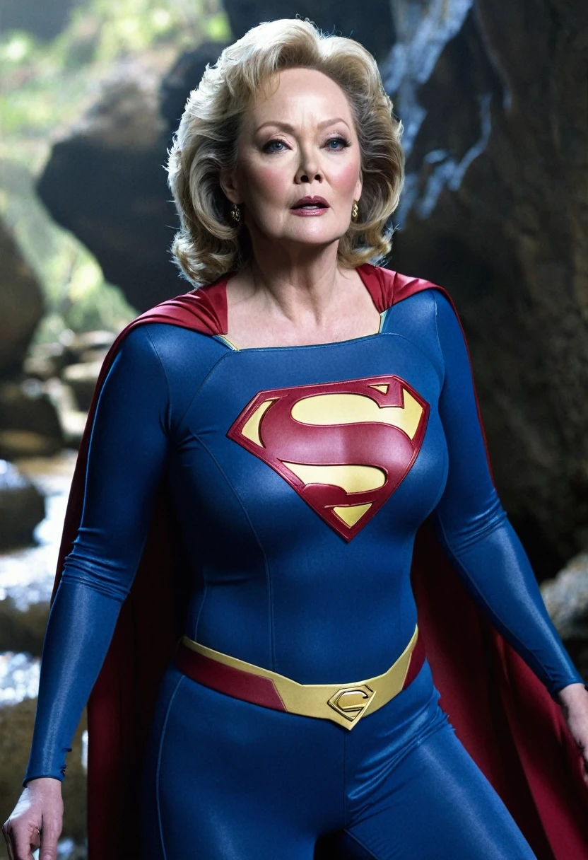 ancient cave; Jean Smart 2024( big fat woman; powerful; trusting; higher) 2007 (((Woman defined body with big breasts, strong and firm; Supergirl 1984s costume dress))) as Supergirl(((Jean Smart's 1984 Supergirl Movie))); floating in mid - air.