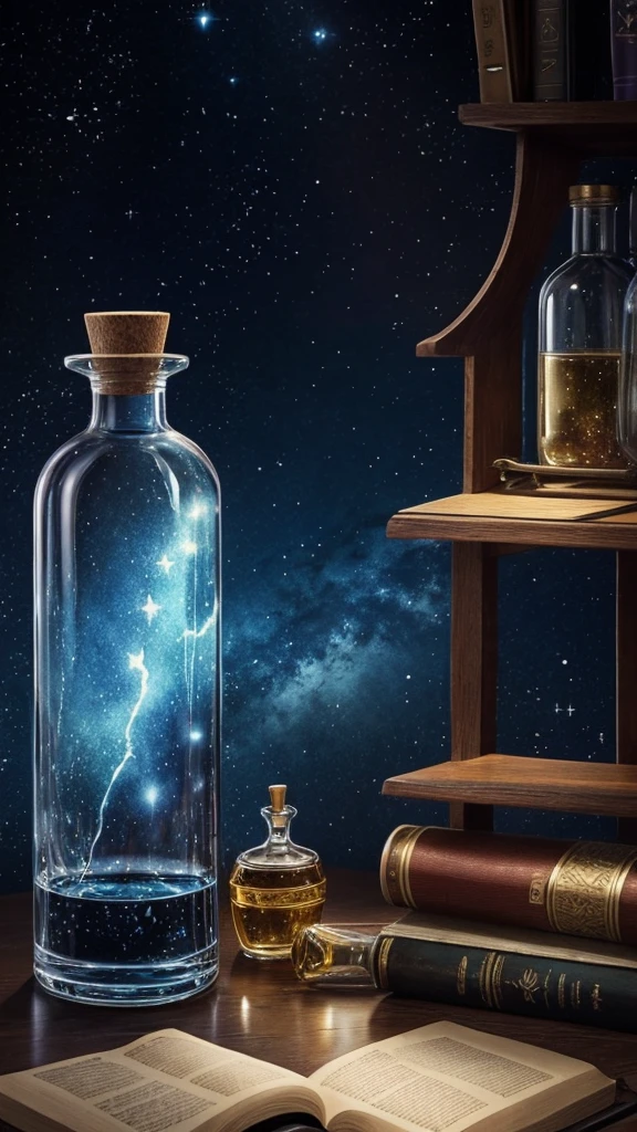 Watercolor,Low saturation,A bottle containing a starry sky,night,Fantasy,fantasy,mystery,A shelf lined with magical potion bottles,Book,fountain pen