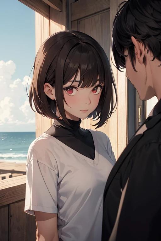 Two men and women, the main character is a man, Man looking at woman, Upper Body, ((masterpiece)), (Highest quality), (Very detailed), Depth of written boundary, sketch, Sharp focus, Soft lighting, High resolution, colorful, Good composition, Surrounded by the sea, wonderful, Closed shirt, Anime screenshots, Man has red eyes, Woman has brown hair, The woman has a bob haircut, A woman who looks shy and has her eyes downcast, The man has black hair, The man has his bangs parted, The man has short hair, Women are embarrassed, secret, The man covers the woman with his body, Pre-sexual atmosphere