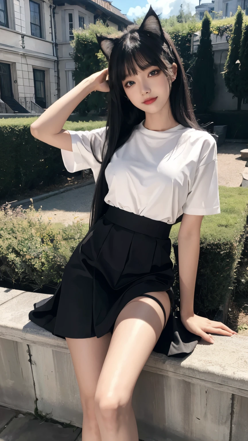 RAW photos, Extremely refined, masterpiece, best quality, Ultra-high resolution, 32K, Extremely detailed, Perfect body, Perfect style, Perfect balance, 18 years old, Small head, Small face, Exquisite facial features, panoramic, full-body shot, Thin legs、Long legs、Large Breasts、Cat ears、Cat girl、Black Silk、、Short skirt、Long hair、Black Hair、Straight Hair、outdoor、garden、Playful