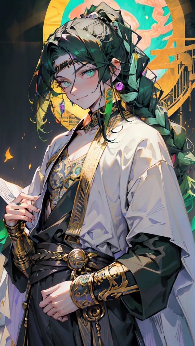cheerful boy aristocrat open forehead. dark green hair braided in a ponytail on the left side to one side. sinuous black horns wrapped in dark green ribbon. pale green eyes. in short dark green shorts. long white T-shirt. dark green knee-high socks. a white long robe with a hood flutters in the wind. black ancient stone walls of the castle purple light from lamps with gold ornaments, heterochromia, long curly hair, pale skin, I look at the viewer, closed mouth, bright smile, Beautiful, extremely detailed eye, Absolutely amazing art, extremely detailed, Digital art of the highest quality, full length, old piano, ancient walls of a stone castle 