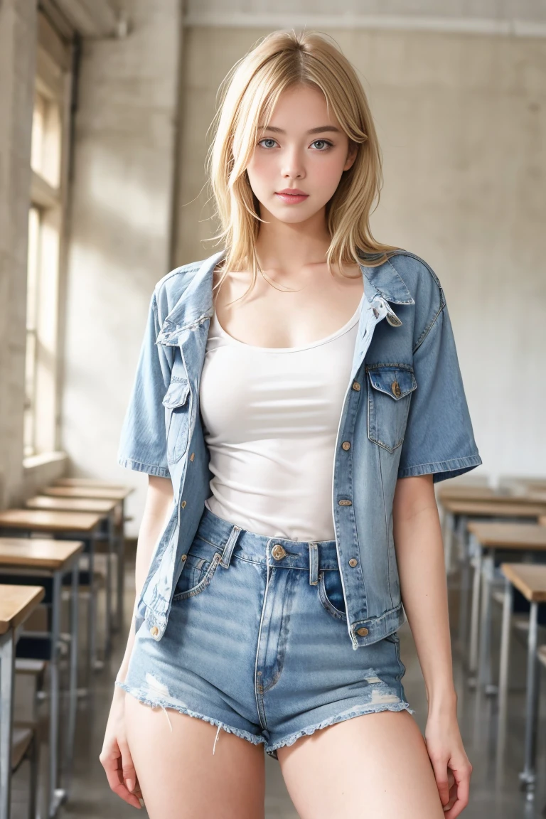 une femmes blonde de 18 ans sexy et mince , short sleeve veste en jean, salle de classe, se touche,position sey,sensuel