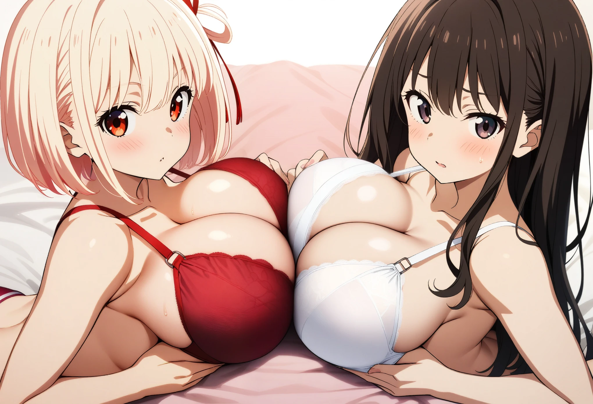 2girls, nishikigi chisato, inoue takina, lycoris recoil, couple, two women lined up, girls sandwich, (cooperative paizuri:1.3), nude, (red bra, red panties:1.3), (white bra, white panties:1.3), huge breasts, looking at viewer, shy, blush, bed, masterpiece, best quality, very aesthetic, absurdres, perfect anatomy, symmetry, official art, nsfw,