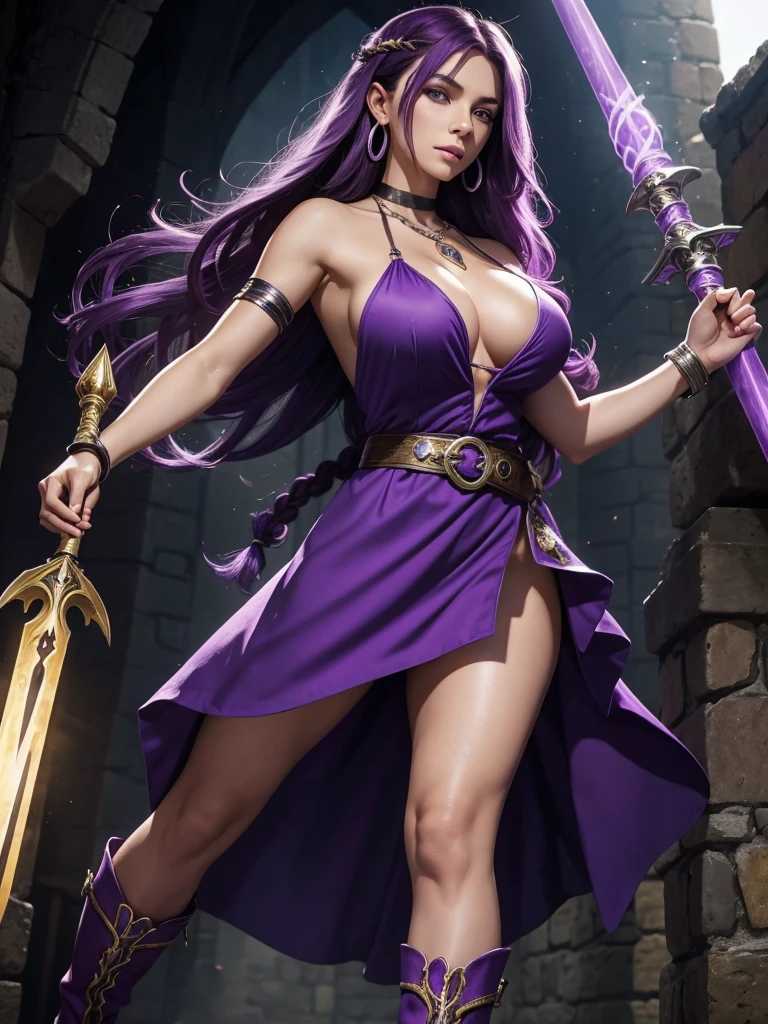Feeling cold, Female God Kissing a Sword, Long black hair without bangs, purple eyes, Purple dress, Gorgeous beauty, White skin, lass, glamour