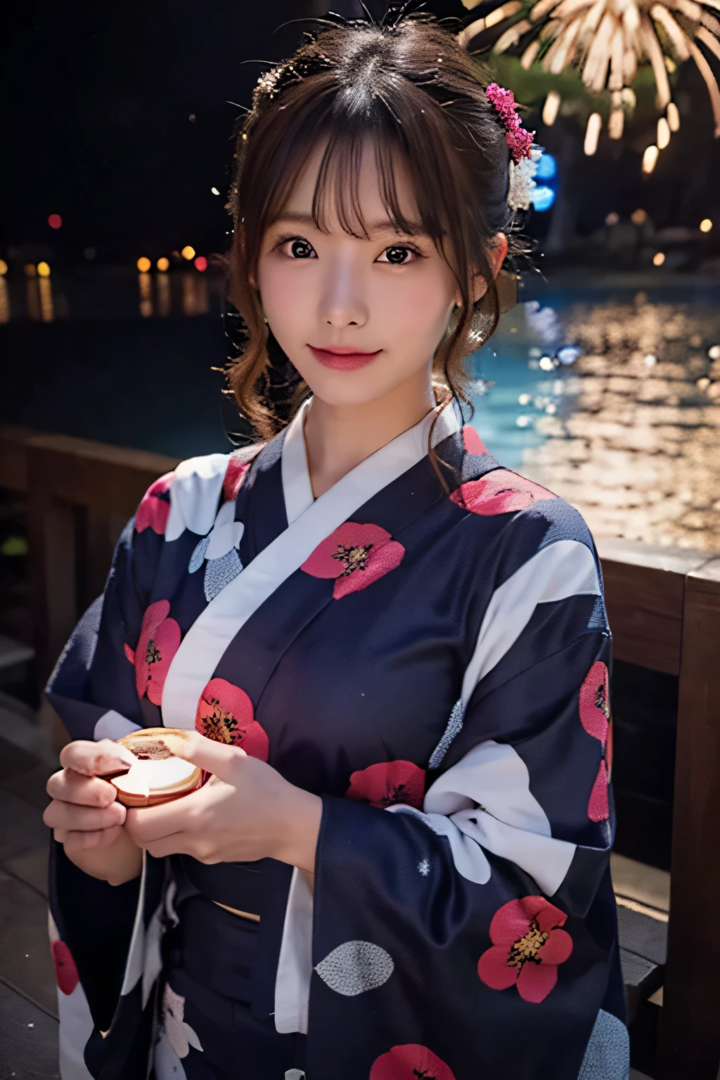 UHD, high quality, best quality, 16k,4K(8K),A girl wearing a yukata watching fireworks at a fireworks festival in Tokyo