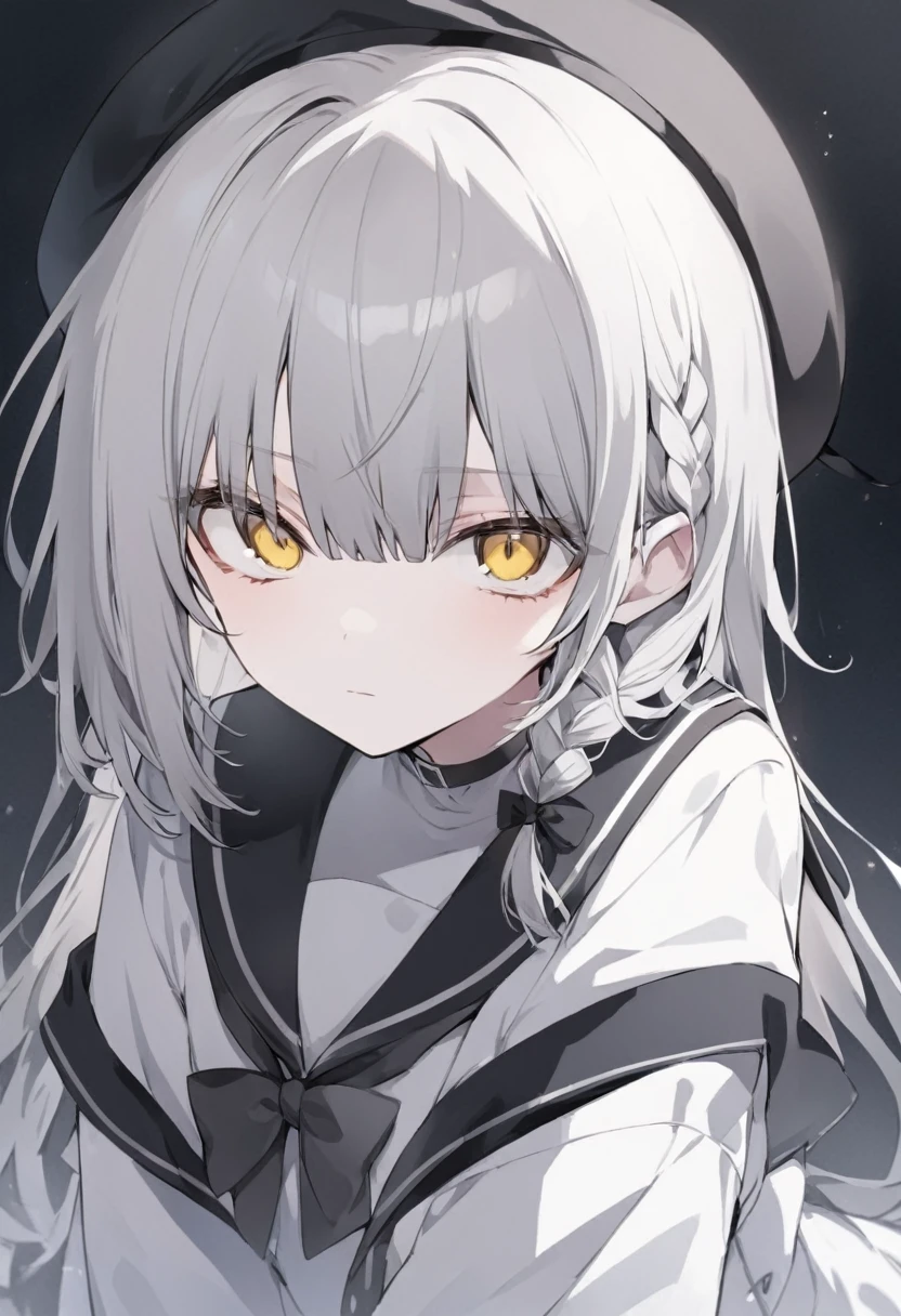 Expressionless、Gray Hair、Braid、beret，Yellow Eyes，Black and White，