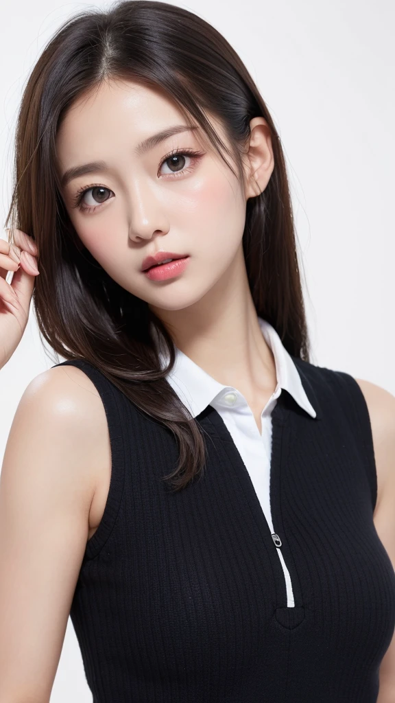 semen1.5、(((forehead、Northern Europe、White、beautiful girl、Black Hair、White Background、Golf Wear、cute、young、True Face、Shiny Hair、whole body)))、Tabletop, Highest quality, shape, Very detailed, finely, High resolution, 8k wallpaper, Perfect dynamic composition, finelyて美しい目, Deco Out,blonde, chest, Natural color lip,White Background, random cute poses,