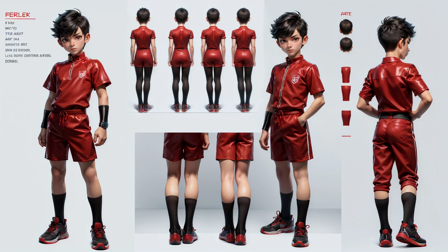 cute face boy, cute face, short height boy, wearing casual futuristic red color pent, red dress, full standing pose, Butch Cut hairs, Butch Cut style hair, black hairs, sports shoes, Character Sheet, , Full body, Simple white background, front pose character reference sheet, Concept art, design sheet@