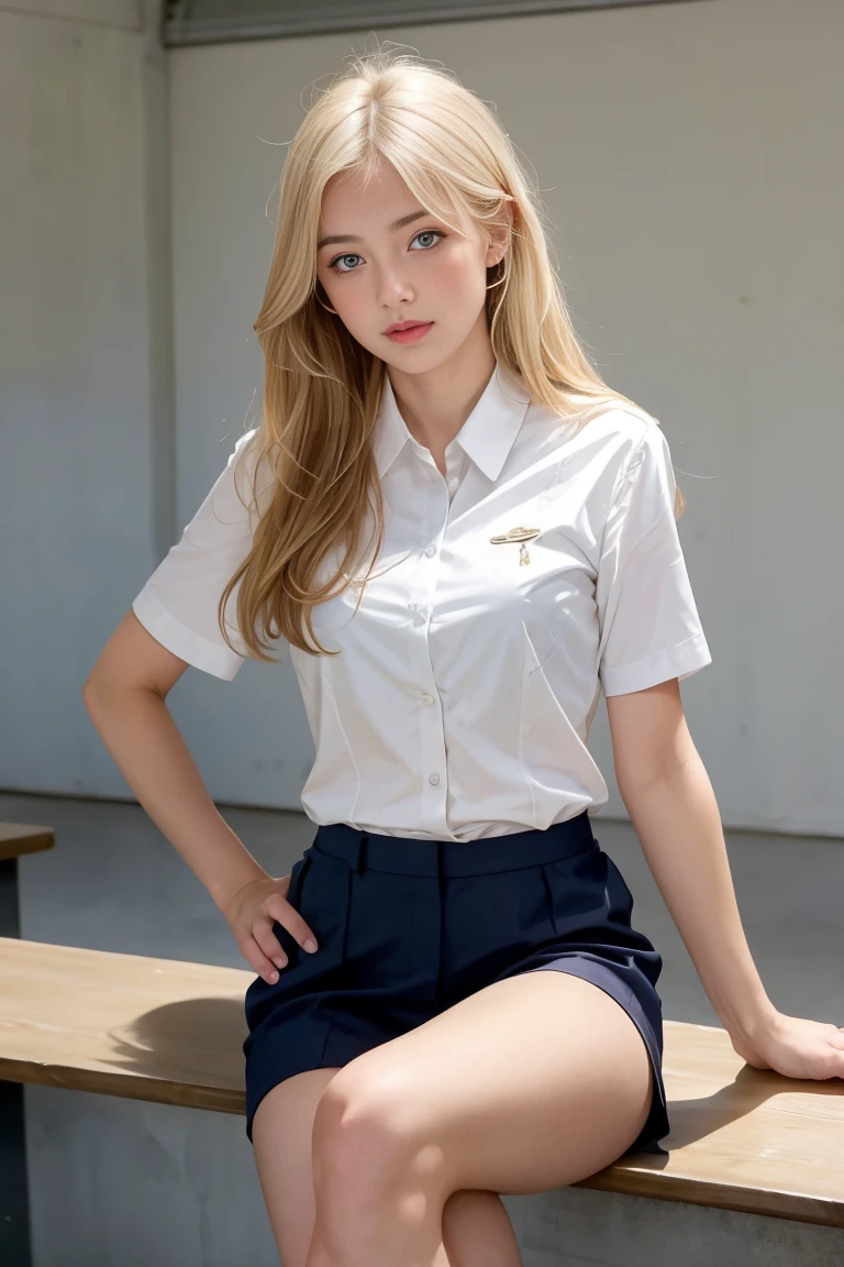((8K、Raw photography、top-quality、masterpiece)、(realisitic、photorealisim:1.37)、(top-quality)、(Best Shadows)、(The best illustrations)、鎖骨((爆乳))、((A sexy、超A high resolution、High Definition CG Unified 8K Denden Wallpaper、physically-based renderingt、Cinematographic lighting)、20 year old girl、 (blazers、sockes、high-school uniform:1.2), beautiful finely detailed eyes, Light on the Face, ((FULL BODYSHOT:1.2)), especially strong light,glowy skin、( thick thight), (The Flash:1.2), NSFW, (puffies,face perfect、Schools、full body Esbian、Pants are visible through the skirt、kawaii faces、Golden head hair、gals、Sleep in bed with your eyes closed、a blond、siesta、sprawl、Lie down,