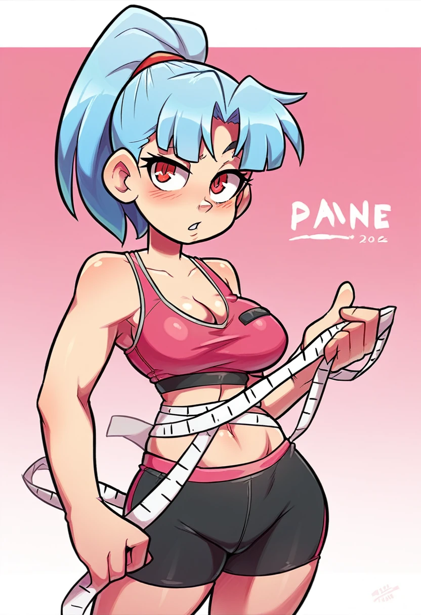 My name is Yukiko.I am a white test woman with long light blue  hair,red eye color.I am 1.62 cm tall . My breasts measure 200 cm, my waist 40 cm and my hips 200 cm.Dressed in a black and pink sports bra, along with a short pink panties and her hair tied in a ponytail with a bang.  . With huge 200 cm breasts 