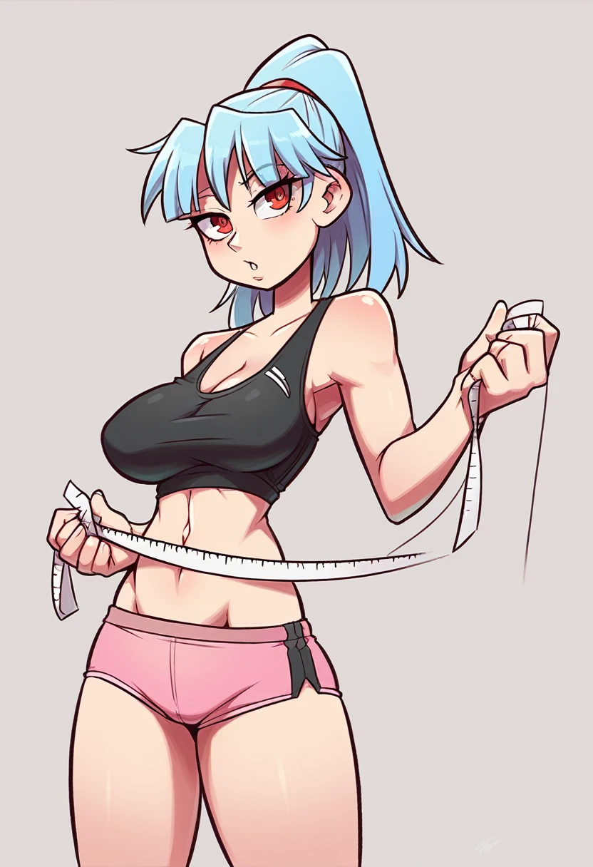 My name is Yukiko.I am a white test woman with long light blue hair,red eye color.I am 1.62 cm tall . My breasts measure 200 cm, my waist 40 cm and my hips 200 cm.Dressed in a black and pink sports bra, along with a short pink panties and her hair tied in a ponytail with a bang. . With huge 200 cm breasts