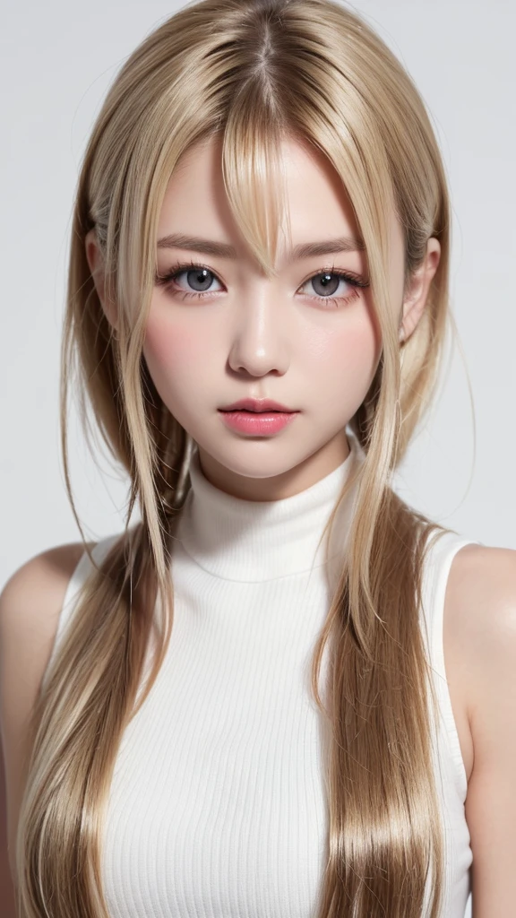 semen1.5、(((forehead、Northern Europe、White、beautiful girl、ホワイトblonde、Blonde、White Background、High neck sleeveless、cute、young、True Face、Shiny Hair、whole body)))、Tabletop, Highest quality, shape, Very detailed, finely, High resolution, 8k wallpaper, Perfect dynamic composition, finelyて美しい目, Deco Out,blonde, chest, Natural color lip,White Background, random cute poses,