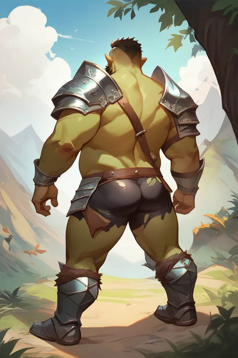 score_9, score_8_up, score_7_up, solo, male focus, chubby male, orc, green skin, tusks, beard, outdoors, micro armor , shoulder armor, breastplate, day, armor boots , (( damaged black micro tight shorts )) , full body , ass , backside , back side
