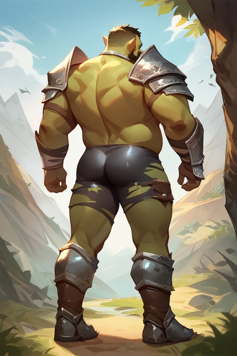 score_9, score_8_up, score_7_up, solo, male focus, chubby male, orc, green skin, tusks, beard, outdoors, micro armor , shoulder armor, breastplate, day, armor boots , (( damaged black micro tight shorts )) , full body , ass , backside , back side