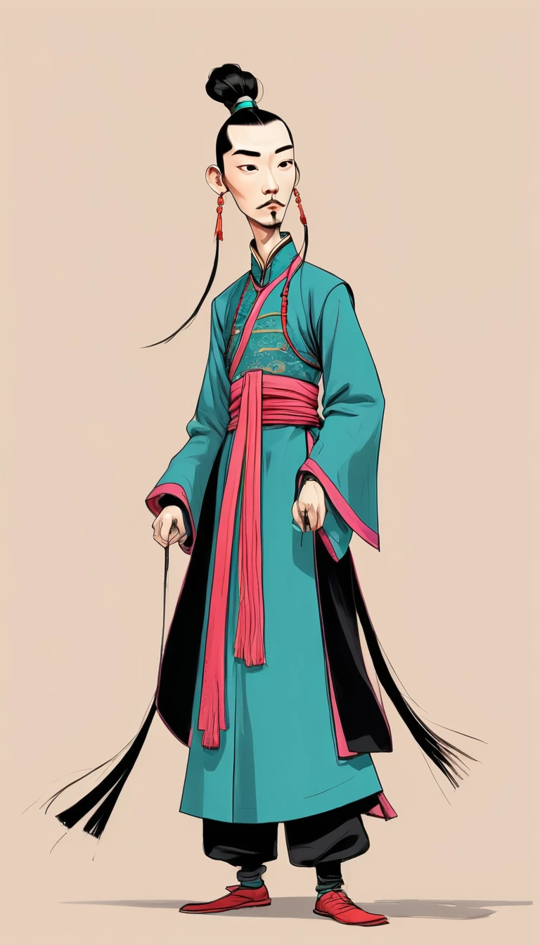 (((Exaggerated digital character sketches:1.37))).(China-Qing Dynasty Prince-Long Braid),(Black sketch lines,Loose brushstrokes create the outline,Cartoon Style. Bright colors and simplified lines, sketch)。(Exaggerated body movements,Long legs),(fear)