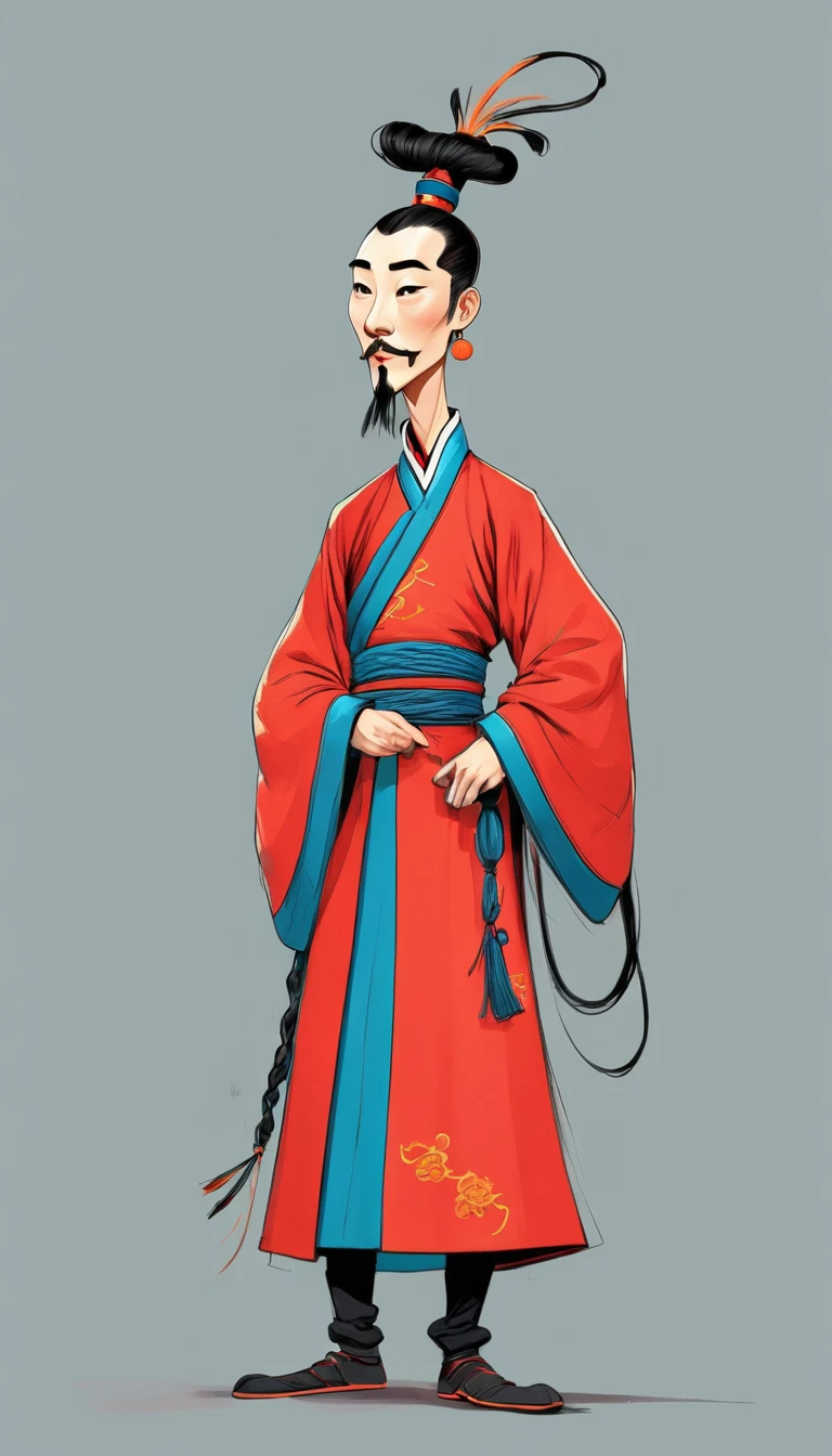 (((Exaggerated digital character sketches:1.37))).(China-Qing Dynasty Prince-Long Braid)，(Black sketch lines，Loose brushstrokes create the outline，Cartoon Style. Bright colors and simplified lines, sketch)。(Exaggerated body movements，Long legs),(fear）