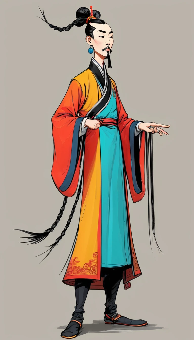 (((Exaggerated digital character sketches:1.37))).(China-Qing Dynasty Prince-Long Braid),(Black sketch lines,Loose brushstrokes create the outline,Cartoon Style. Bright colors and simplified lines, sketch)。(Exaggerated body movements,Long legs),(fear)