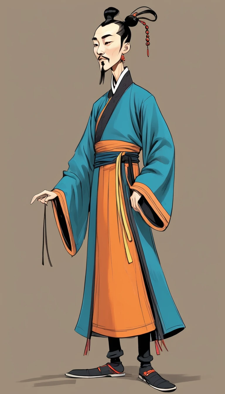 (((Exaggerated digital character sketches:1.37))).(China-Qing Dynasty Prince-Long Braid),(Black sketch lines,Loose brushstrokes create the outline,Cartoon Style. Bright colors and simplified lines, sketch)。(Exaggerated body movements,Long legs),(fear)
