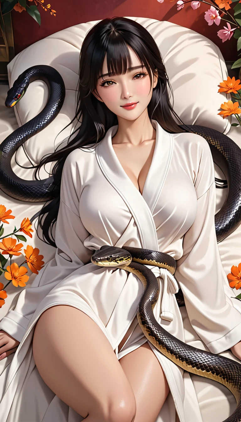 (Top image quality)，2023 Animation，Top animation quality，High-definition animation details，Detailed wallpaper，(masterpiece)，(medium view), 独奏，(A woman near a black python:1.2)，Pretty face，Fine black long hair，neat bangs，realistic face，close eyes，light smil，(Wearing only a loose bathrobe:1.2)，big breast，Black snake tail，snake tail very smooth，looking at viewer，Flowers background，(Lying in the embrace of the snake&#39;s tail:1.3)，(lots of fog:1.5)，(sexy feeling:1.3), (masterpiece), best quality, expressive eyes, perfect face, HD, Benisato, kunoichi, snakes tattooed, She is a tall and matured woman with a slender curvaceous build with long legs and arms, Although a ninja herself, Benisato has the appearance of a beautiful and seductive geisha, She has porcelain skin and long dark hair tied back in a coif with a hairpin and traditional comb, Benisato is covered in serpent tattoos that come alive when she uses her powers and will usually appear naked during a battle to throw off her male victims, She wears traditional Japanese geisha robes, full body, pants, long sleeves, Vest, sandals, kimono, Hongli, snakes supranatural 