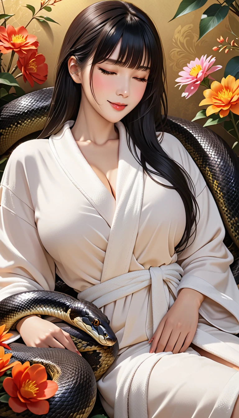 (masterpiece), best quality, expressive eyes, perfect face, HD, Benisato, kunoichi, snakes tattooed, She is a tall and matured woman with a slender curvaceous build with long legs and arms, Although a ninja herself, Benisato has the appearance of a beautiful and seductive geisha, She has porcelain skin and long dark hair tied back in a coif with a hairpin and traditional comb, Benisato is covered in serpent tattoos that come alive when she uses her powers and will usually appear naked during a battle to throw off her male victims, She wears traditional Japanese geisha robes, full body, pants, long sleeves, vest, sandals, kimono, Hongli, snakes supranatural 