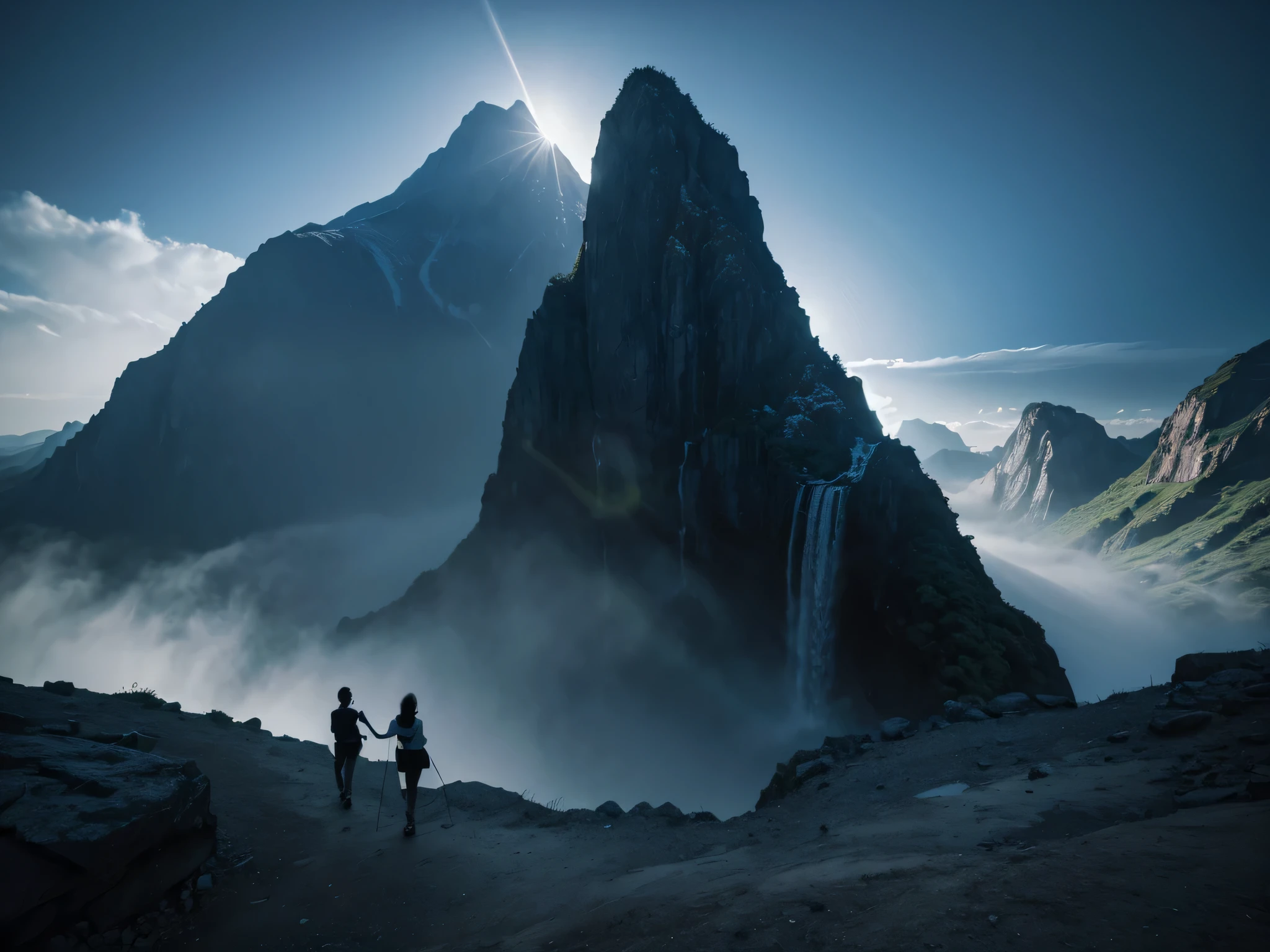 Draw a picture of two people climbing a mountain，play，A waterfall，Have a strong contrast between light and dark，Sense of space，Triangular composition，Art that creates visual images with certain spatial and aesthetic values